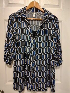 Perseption Black and Blue Geometric Button-Up Tunic